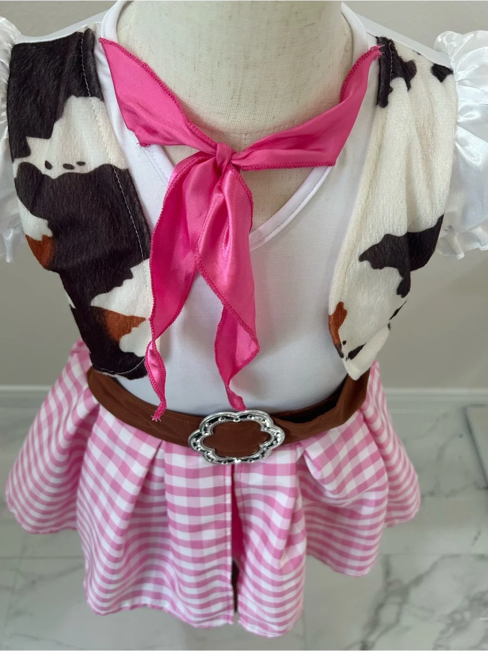 Pink Gingham Cowgirl Dress Costume with Attached Vest, Bandana and Belt